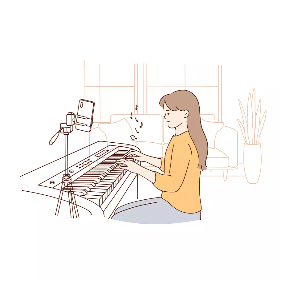 a girl playing musical instrument piano and recording in mobile