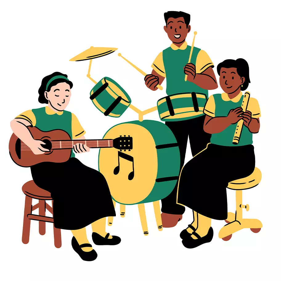group of people playing music instruments like piano, drums, flutes